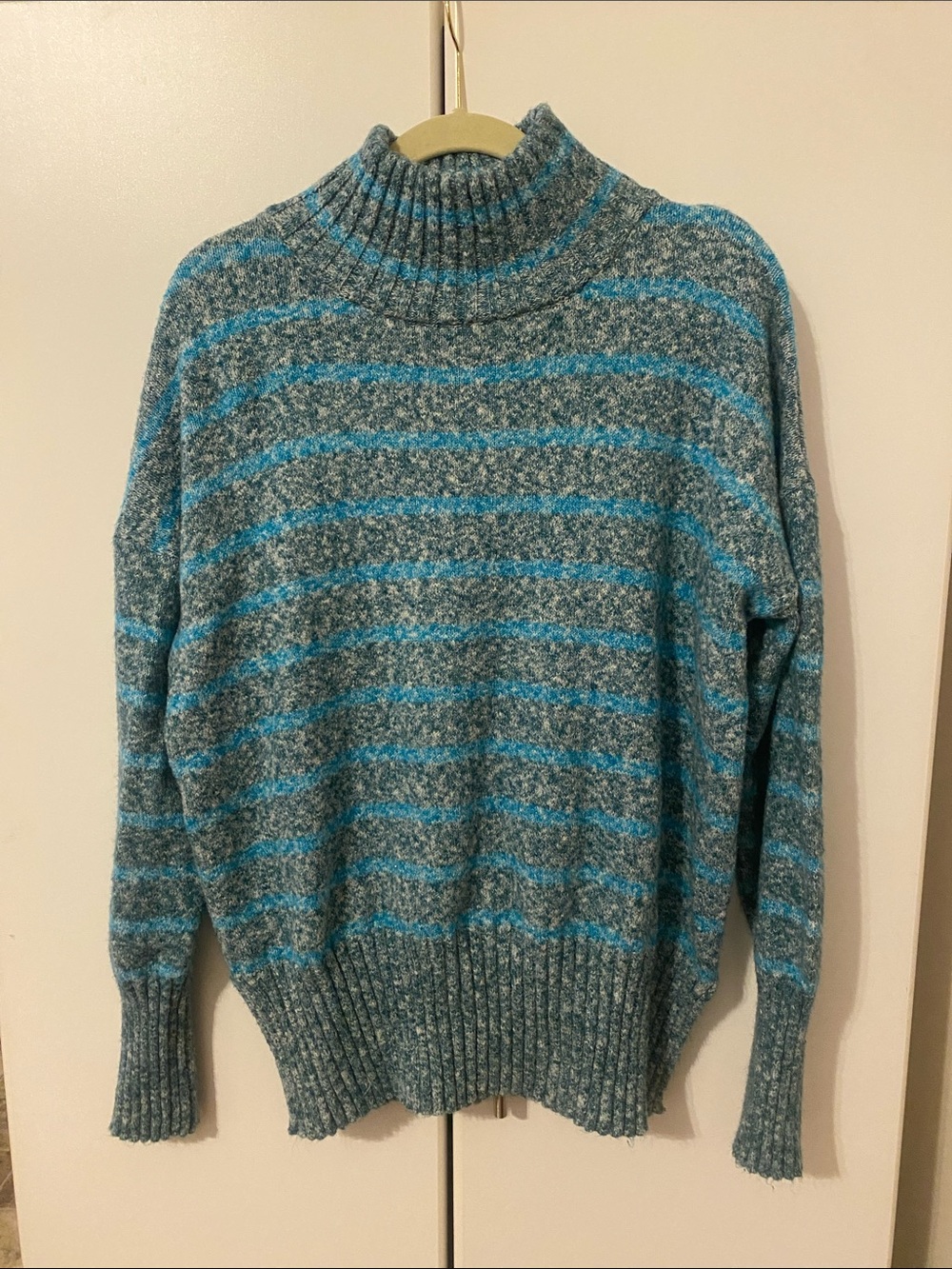 Eddie Bauer Striped Turtleneck Sweater in Teal and Gray